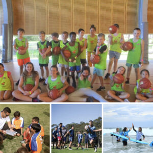 Office of Sport Kids' Club Nature Play. Different images of kids playing basketball, football and surfing.