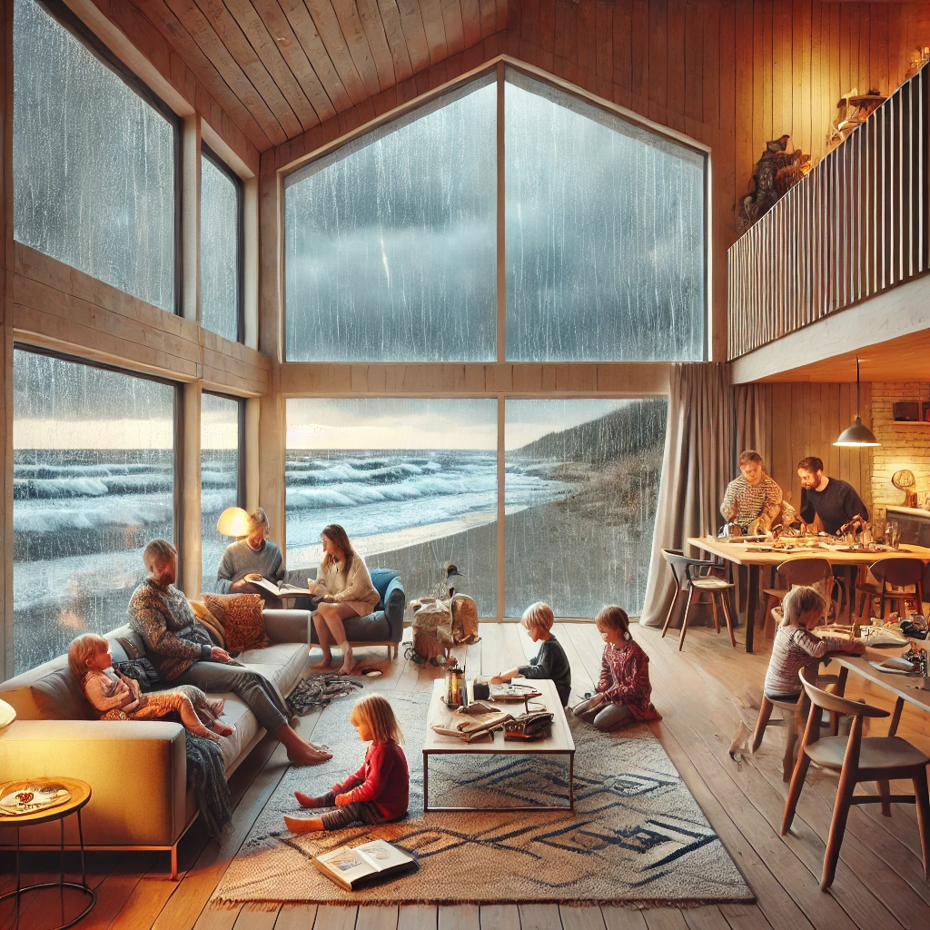 A beach holiday house on a rainy day. The family is interacting and playing games. There is mood lighting. This is for wet weather activities in Culburra Beach, South Coast, NSW Australia